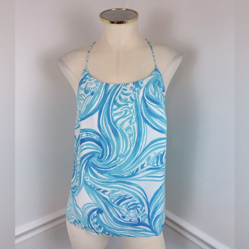 LILLY PULITZER Blue & White Belle Top Resort White Sea Ruffles | Size Small